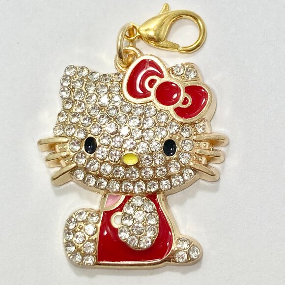 Hello Kitty Crystal Bling Charm Clip On Zipper Pull Bag Purse Red Bow Enamel - Picture 4 of 9